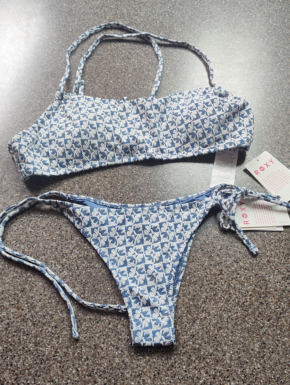 Roxy Blue & White Floral Textured Bikini Set Xs Bottoms Xl Top